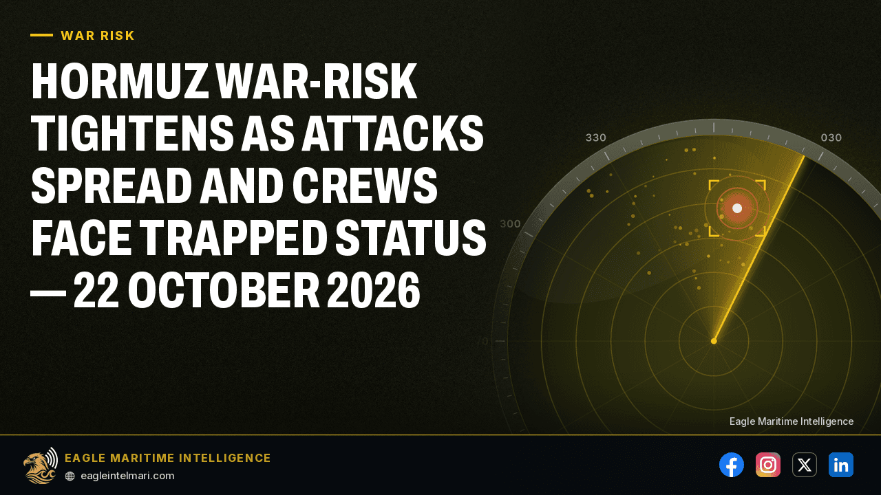 Hormuz War-Risk Tightens as Attacks Spread and Crews Face Trapped Status — 22 October 2026