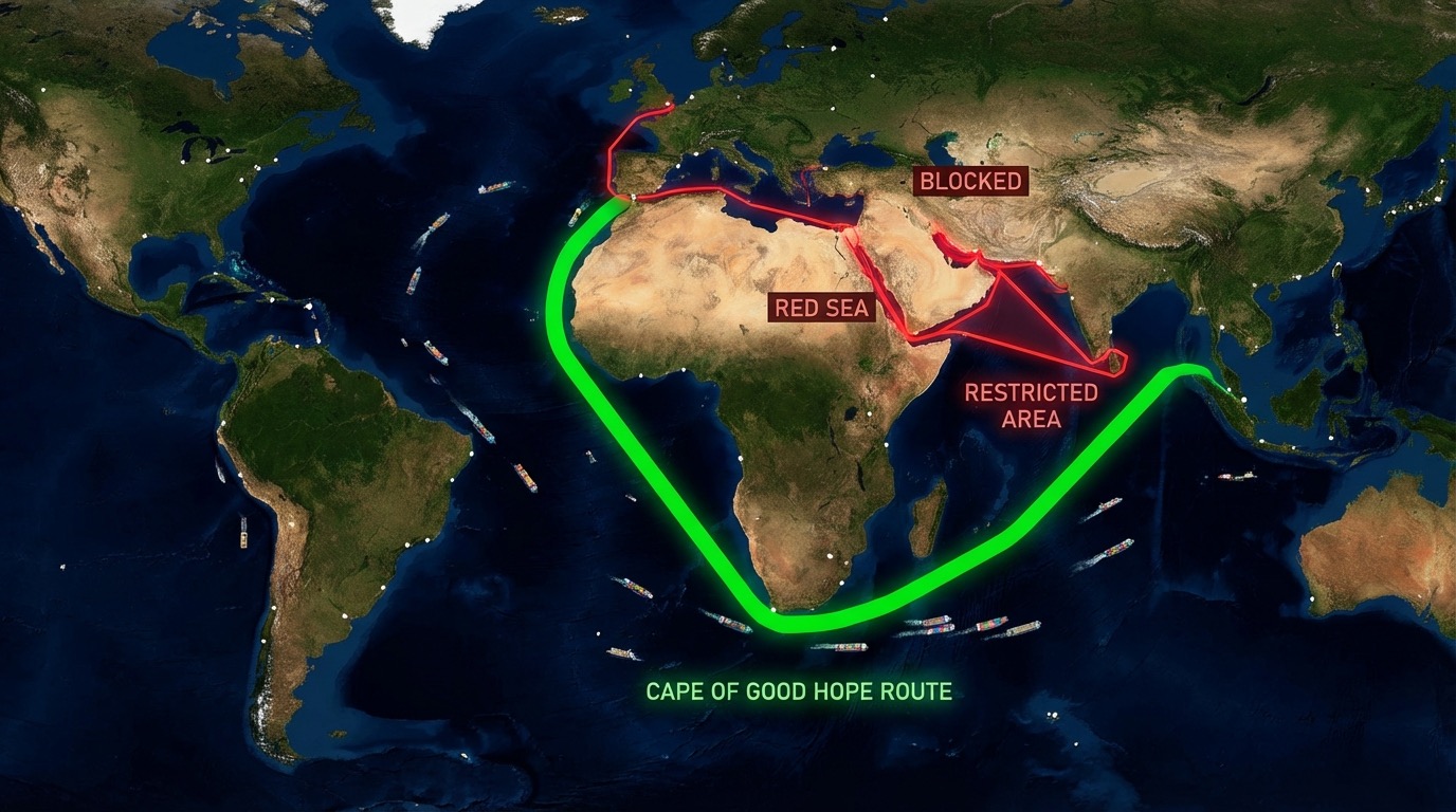 No Historical Precedent: Hormuz AND Red Sea Simultaneously Closed — Cape Route Now Global Default, Adding $5K Per Container